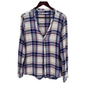 Red white blue plaid vneck button down shirt size large